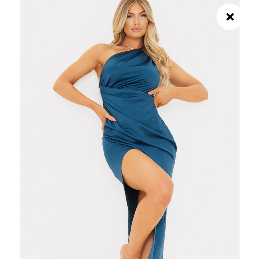 Navy Satin One Shoulder Pleat Detail Midi Dress